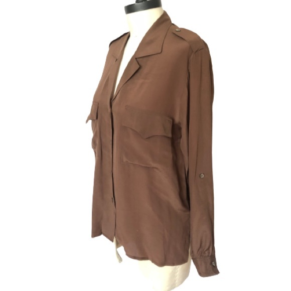 Vintage 100% Silk Button Up Safari Blouse Front Pockets Carole Little St Tropez - Picture 5 of 16